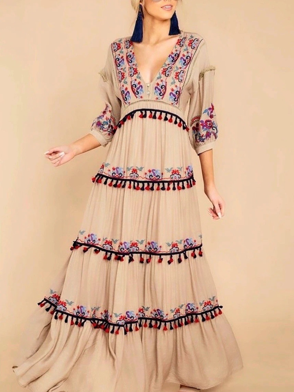 Floral Tiered Maxi Dress in Beige